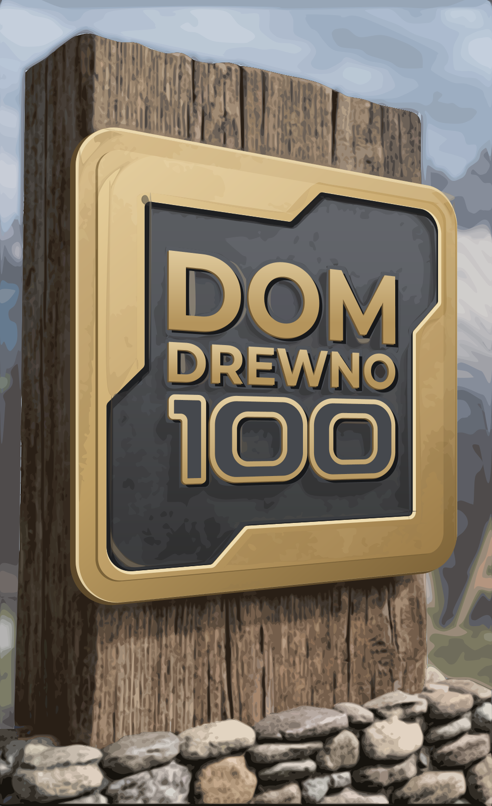 Złoto-czarny znak DomDrewno100 na drewnianym postumencie — wizualizacja